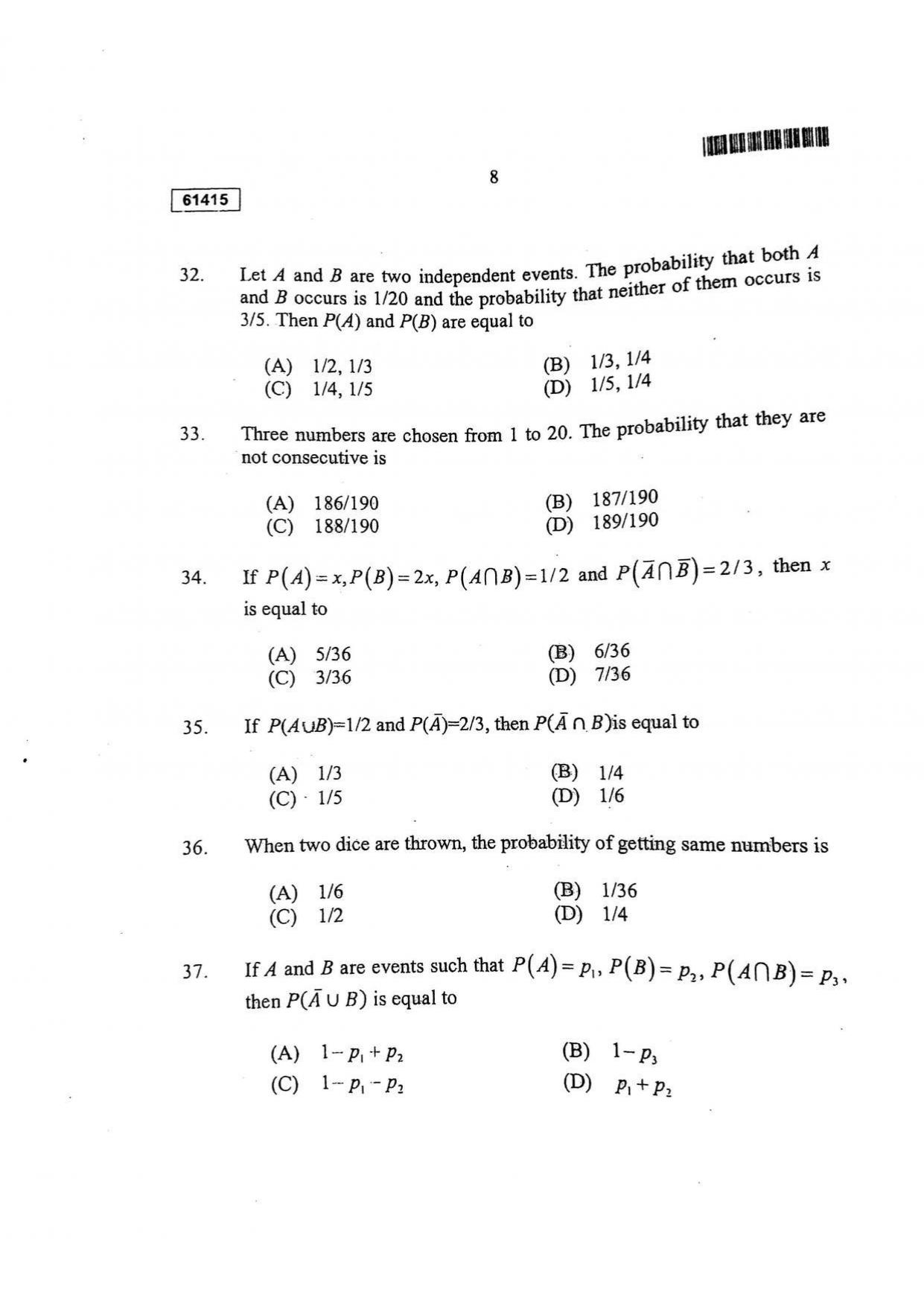 CUSAT CAT 2015 Statistics Question Paper - Page 9