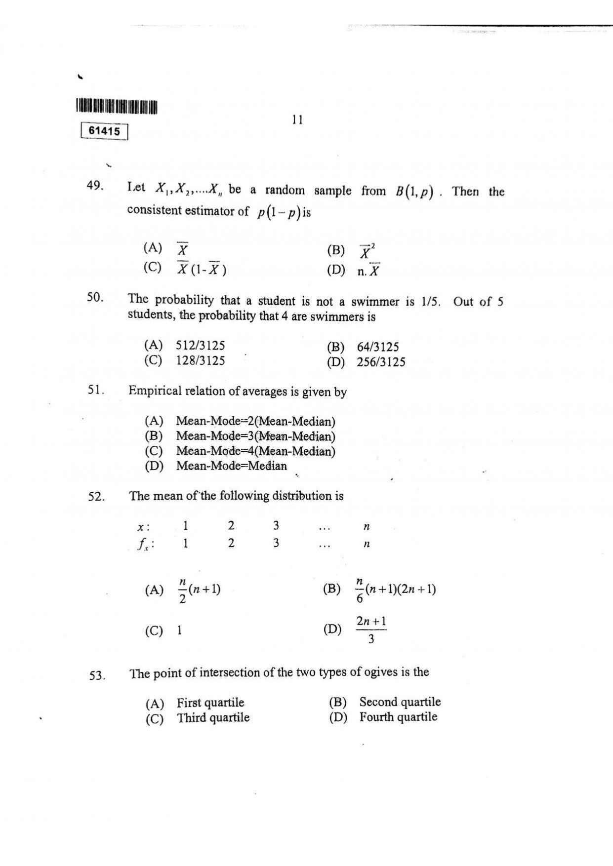 CUSAT CAT 2015 Statistics Question Paper - Page 12