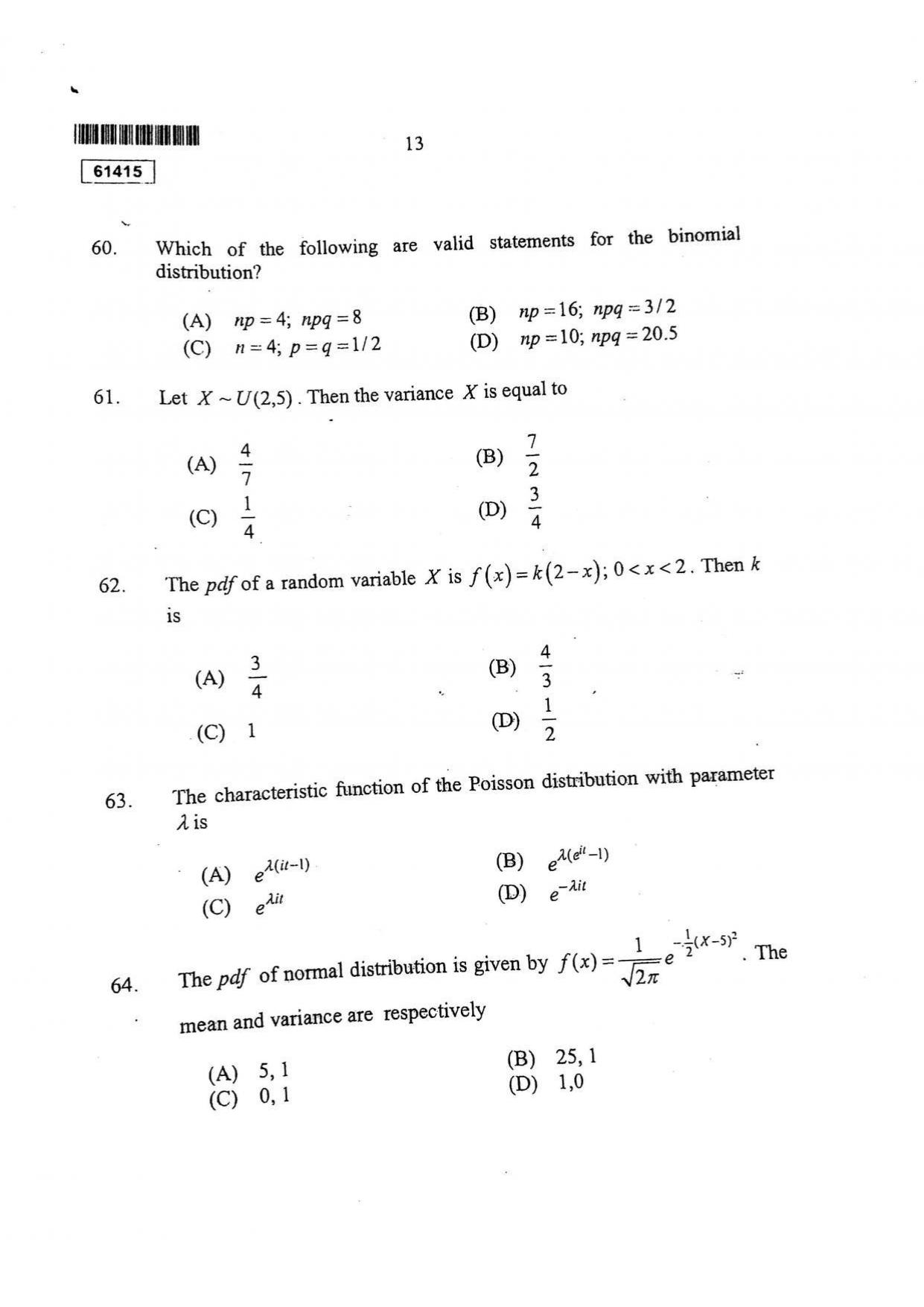 CUSAT CAT 2015 Statistics Question Paper - Page 14