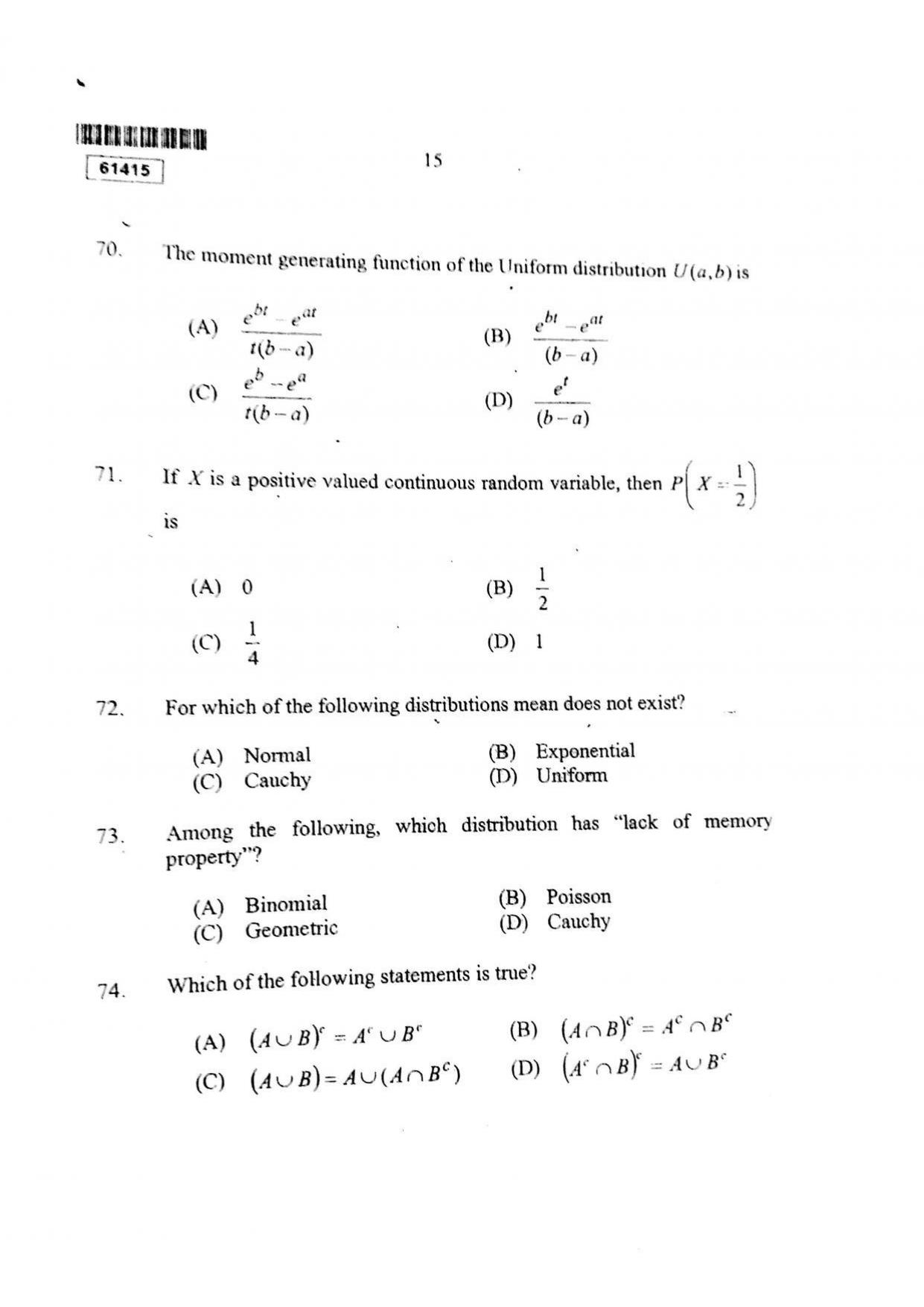 CUSAT CAT 2015 Statistics Question Paper - Page 16