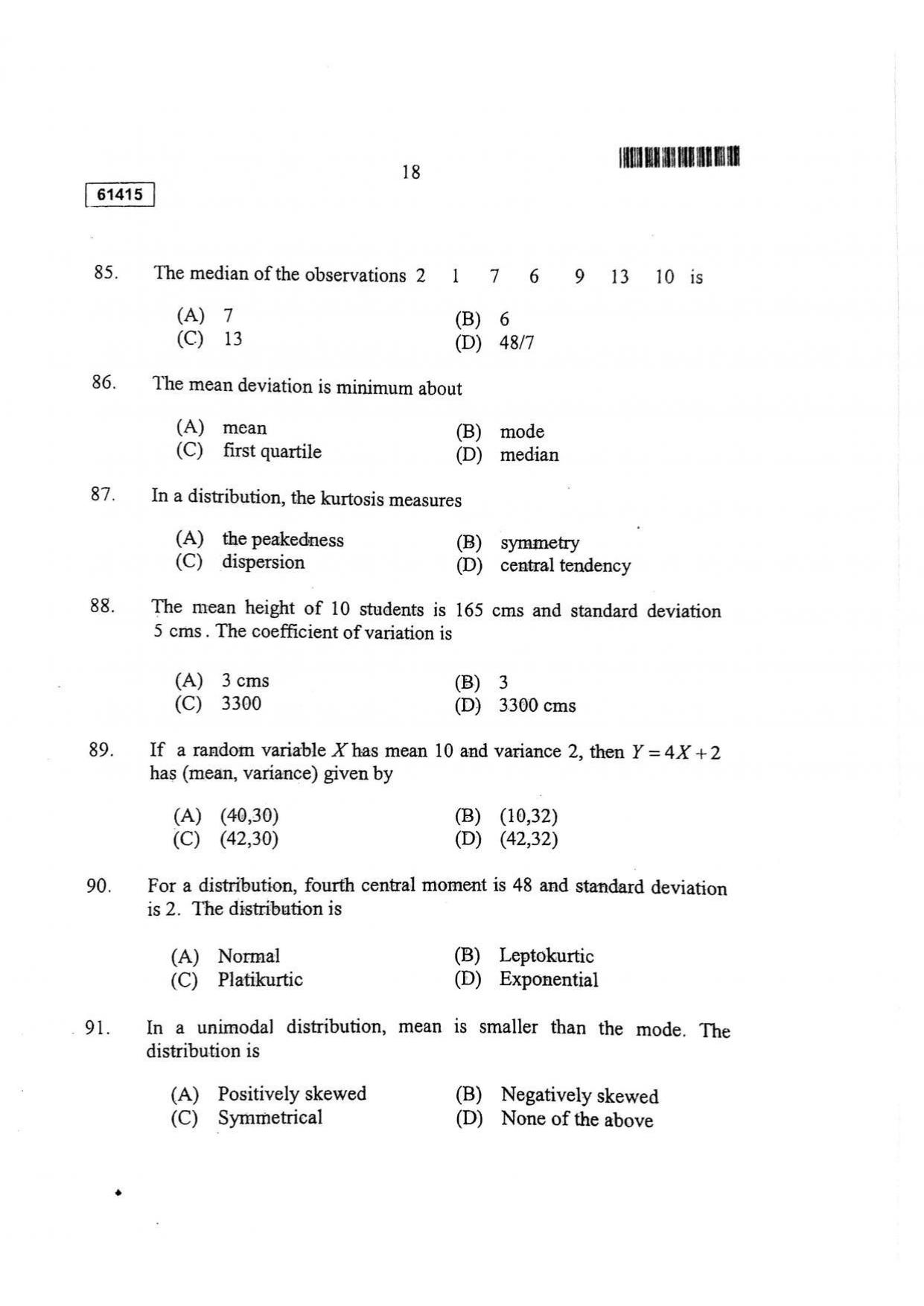 CUSAT CAT 2015 Statistics Question Paper - Page 19