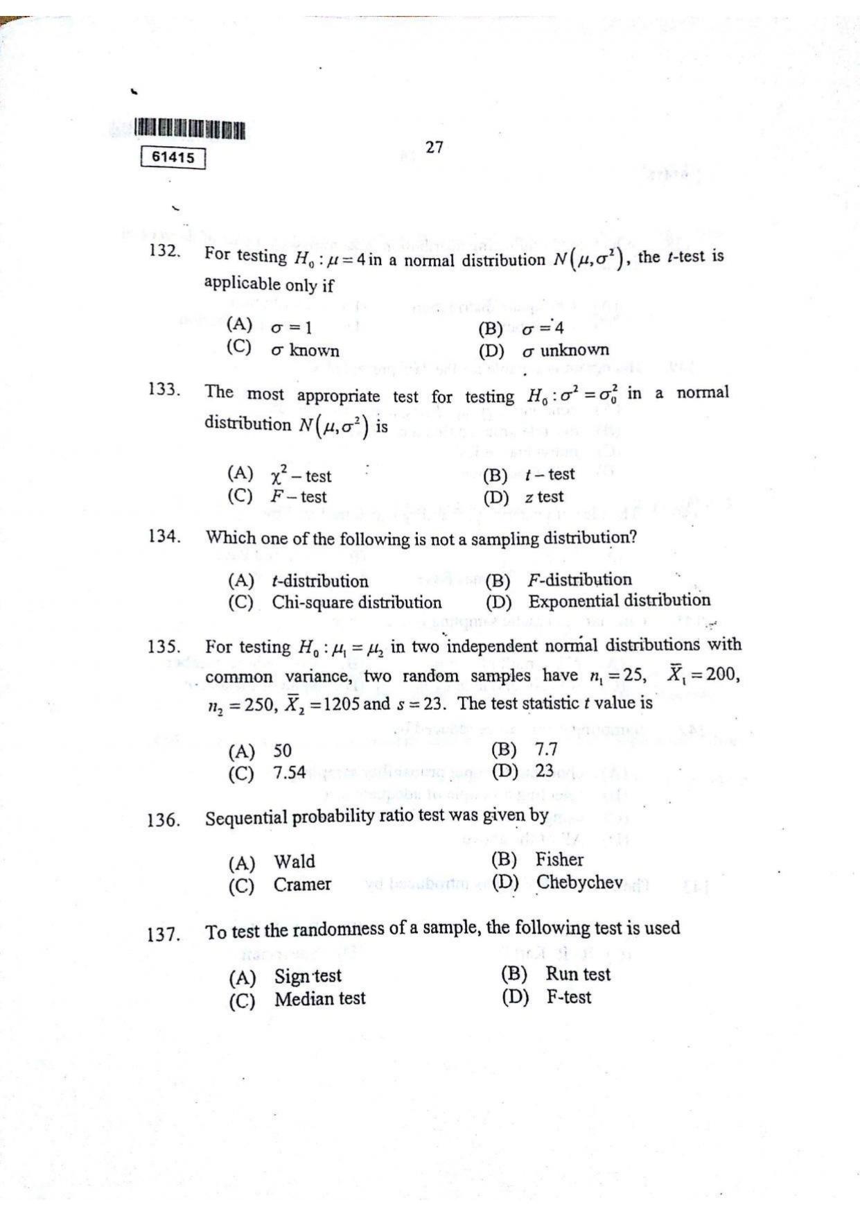 CUSAT CAT 2015 Statistics Question Paper - Page 28