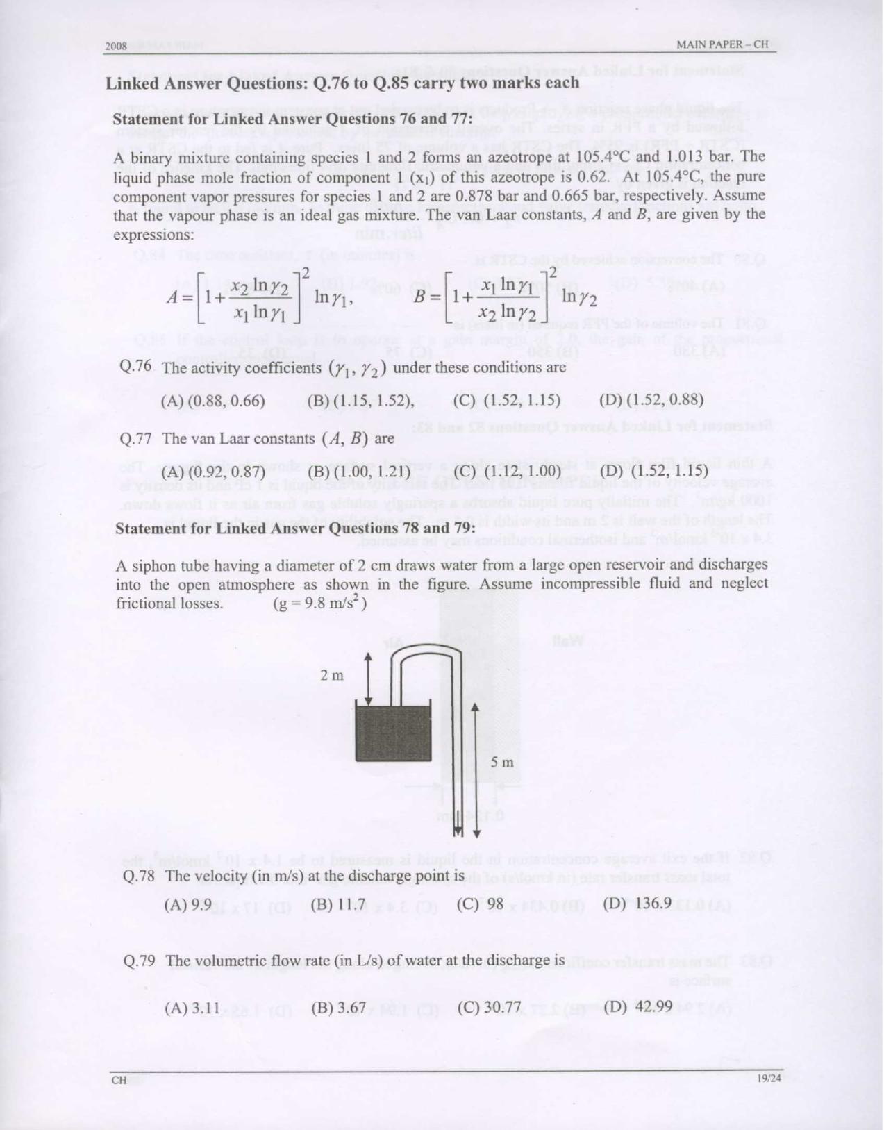 GATE 2008 Chemical Engineering (CH) Question Paper with Answer Key - Page 19
