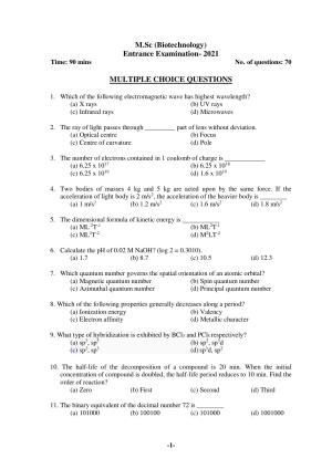 Odisha CPET 2021 BIOTECHNOLOGY Question Paper