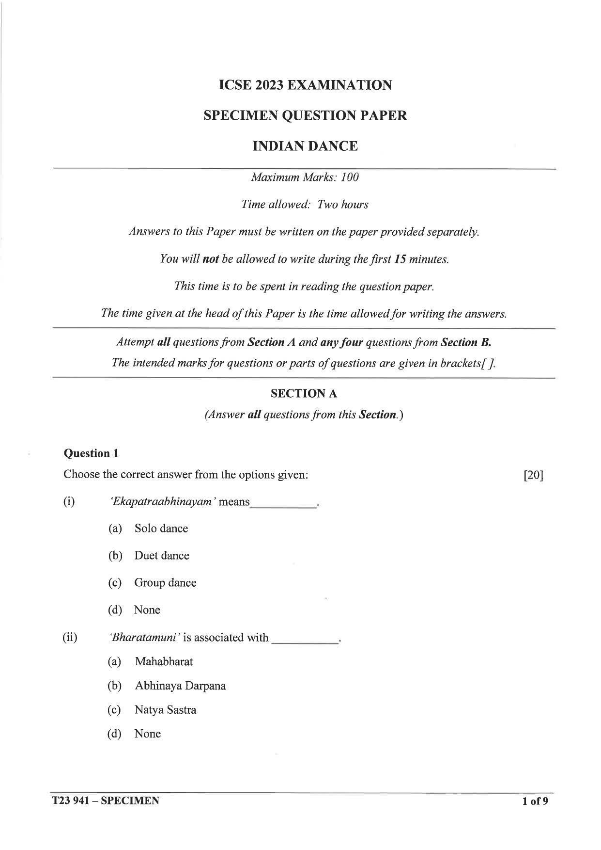 ICSE Class 10 Indian Dance Sample Paper 2023 - Page 1