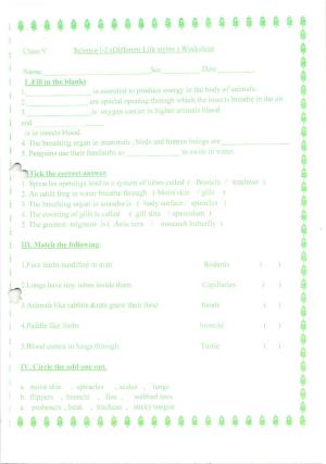 Worksheet for Class 5 Science Different Life Style Assignment 2