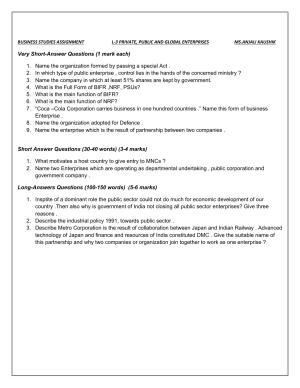 CBSE Worksheets for Class 11 Business Studies Private, Public And Global Enterprises Assignment