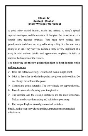 Worksheet for Class 4 English Assignment 40 Story Writing