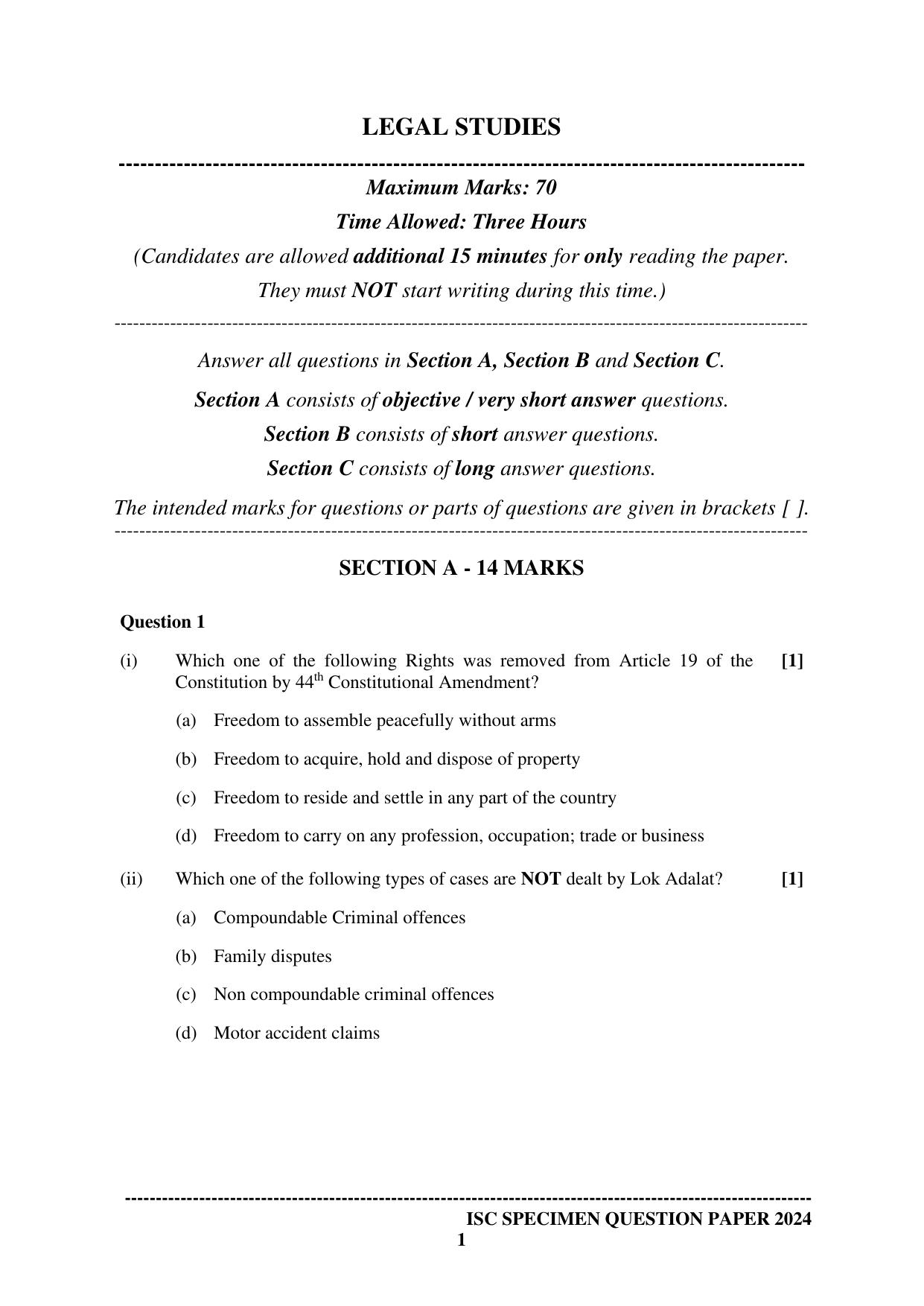 ISC Class 12 2024 Legal Studies Sample Paper - Page 1
