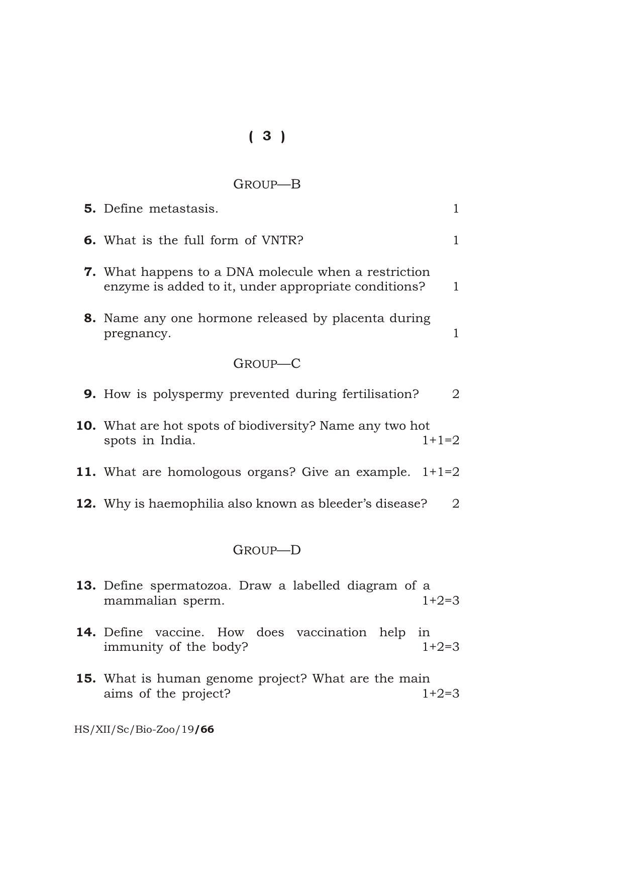 Meghalaya Board (MBOSE) Class 12 BIO-ZOOLOGY ( Theory ) 2019 Question Paper - Page 3