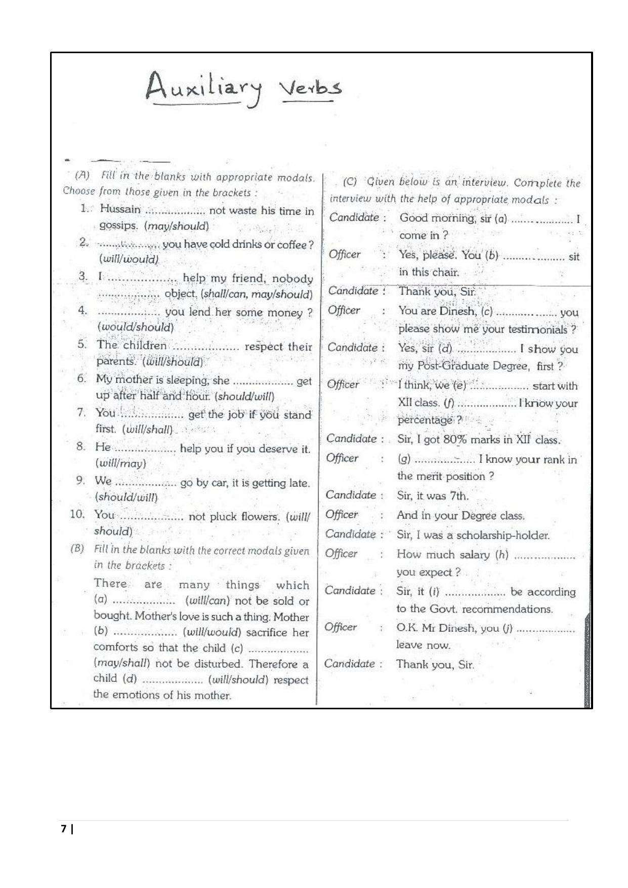 CBSE Class 8 English Worksheet Auxilary Verbs Assignment - Page 1