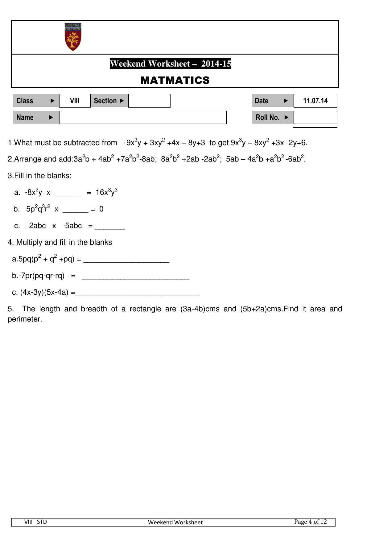 CBSE Worksheets for Class 8 Mathematics Algebraic Expressions and Identities Assignment 2 - Page 1