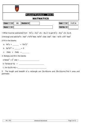 CBSE Worksheets for Class 8 Mathematics Algebraic Expressions and Identities Assignment 2