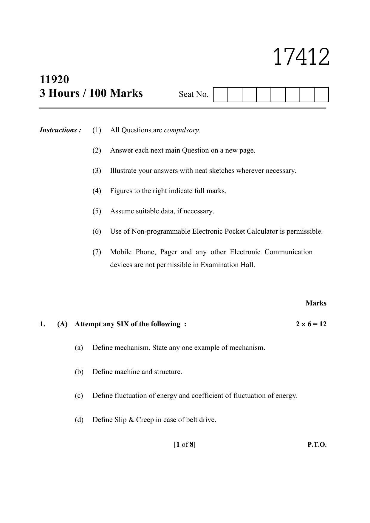 MSBTE Winter Question Paper 2019 - Theory of Machines - Page 1