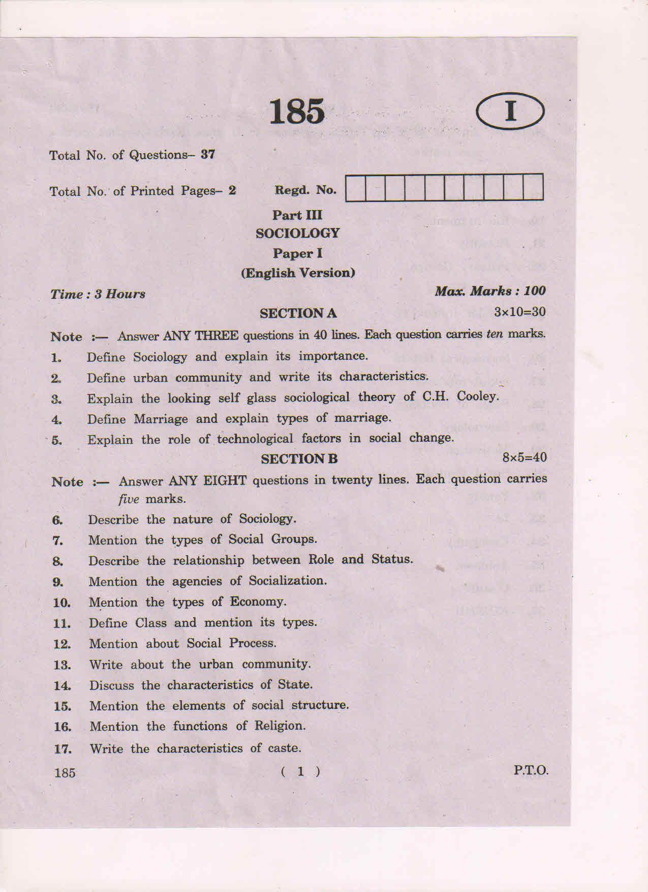 AP Inter 1st Year Sociology-I (EM) May-2018 (General) Question Paper - Page 1