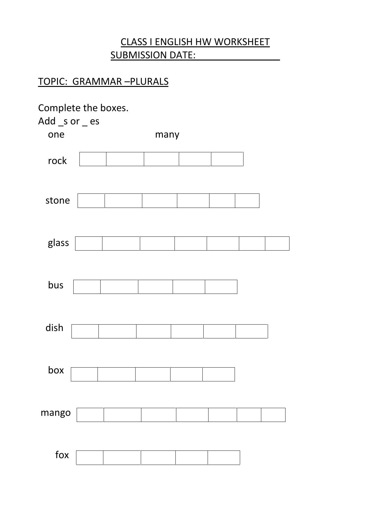 Worksheet for Class 1 English Assignment 58 Plurals - Page 1