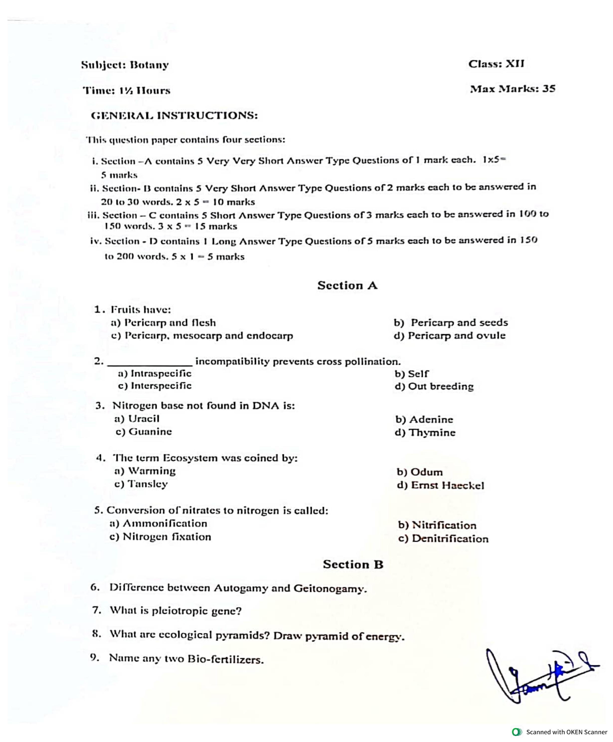 JKBOSE Class 12 Botany Model Question Paper - Page 1