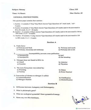 JKBOSE Class 12 Botany Model Question Paper
