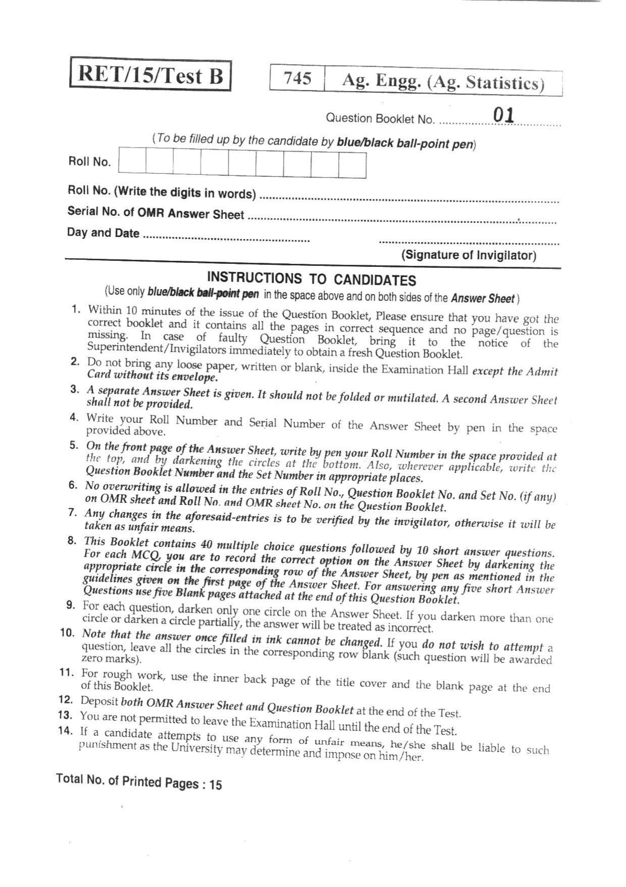 BHU RET AG. ENGG. (AG STATISTICS) 2015 Question Paper - Page 1