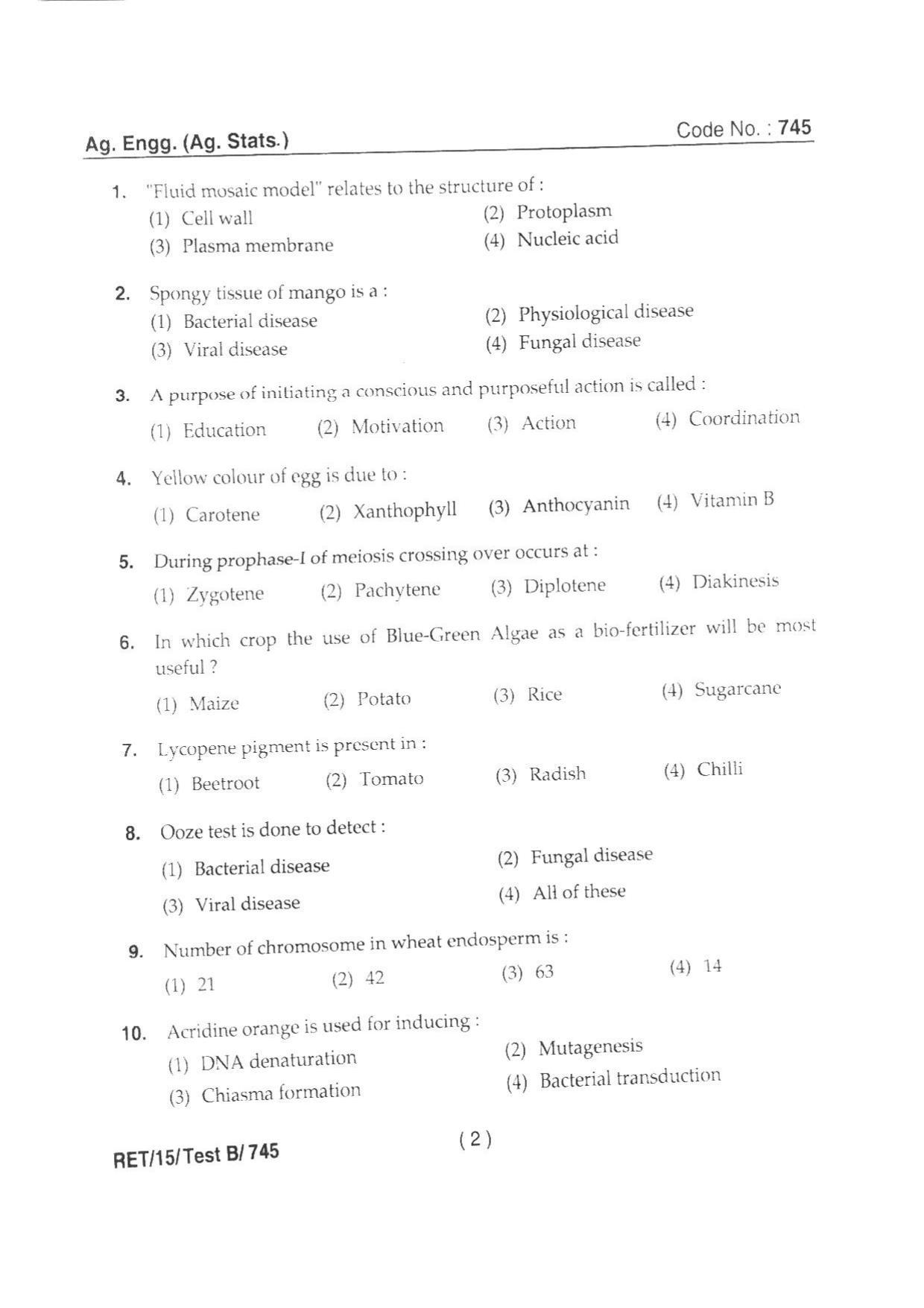 BHU RET AG. ENGG. (AG STATISTICS) 2015 Question Paper - Page 4