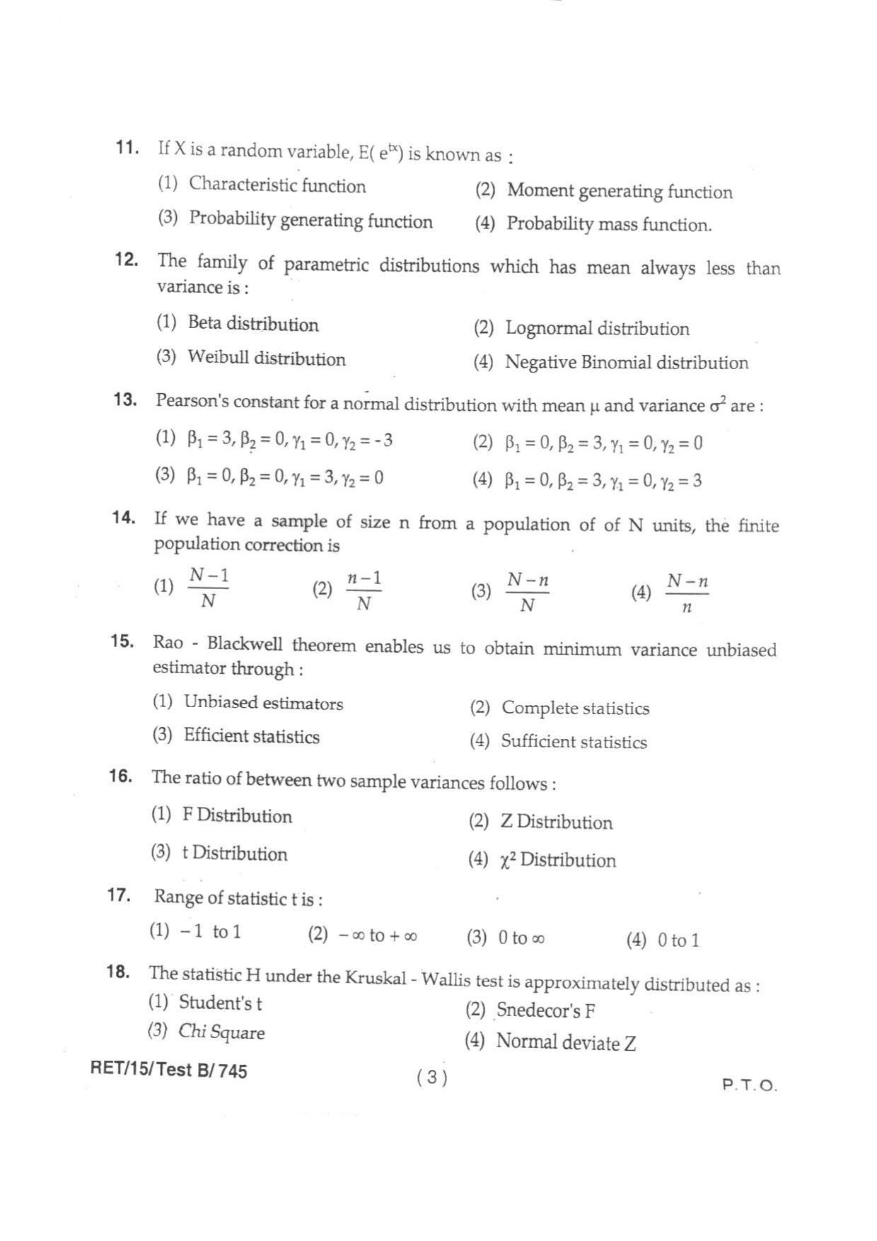 BHU RET AG. ENGG. (AG STATISTICS) 2015 Question Paper - Page 5