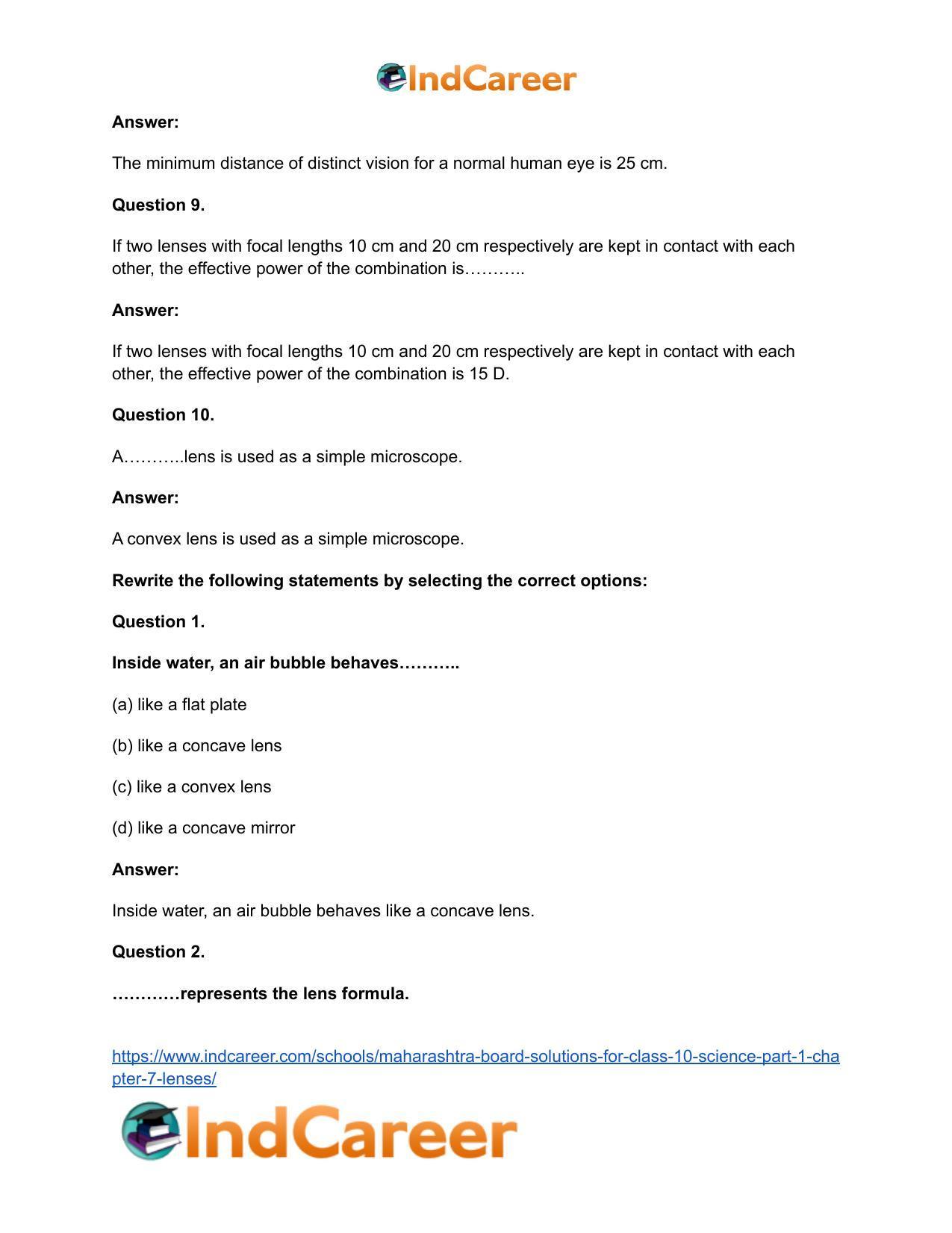 Maharashtra Board Solutions for Class 10- Science (Part 1): Chapter 7- Lenses - Page 21