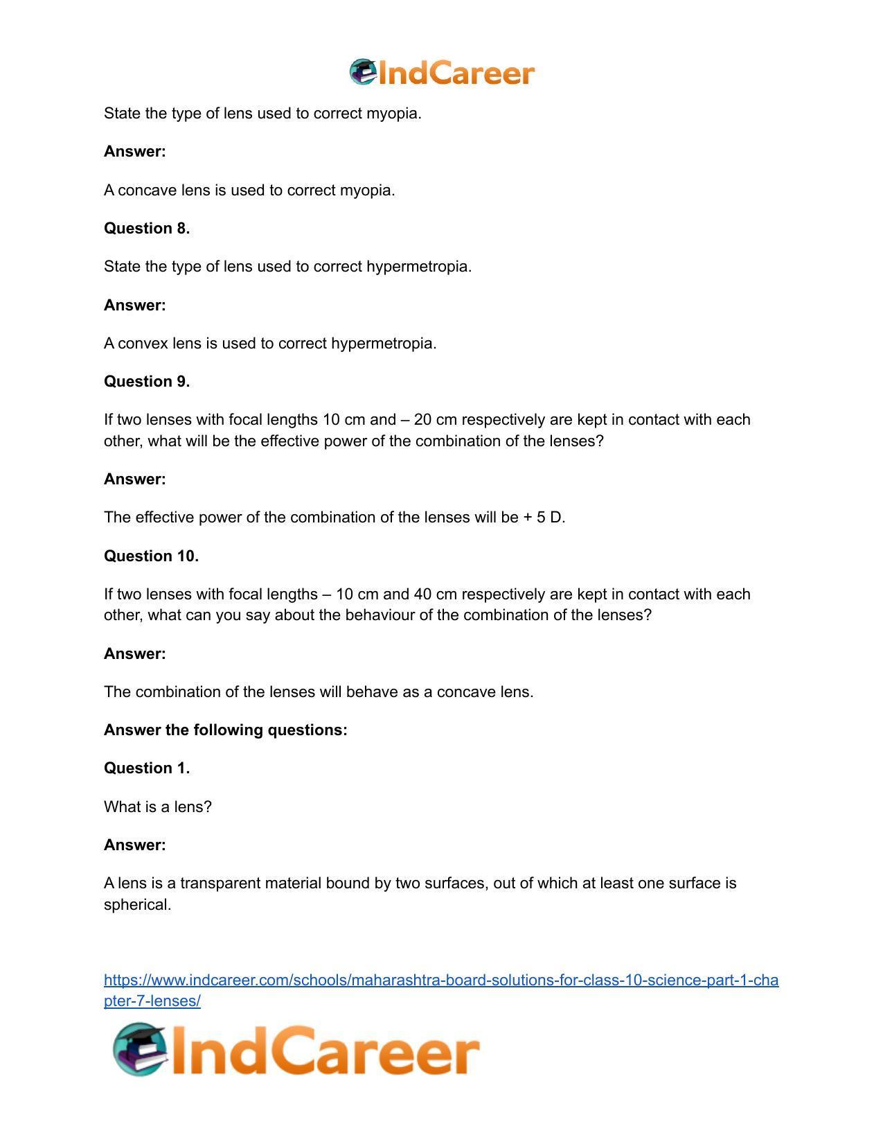 Maharashtra Board Solutions for Class 10- Science (Part 1): Chapter 7- Lenses - Page 43