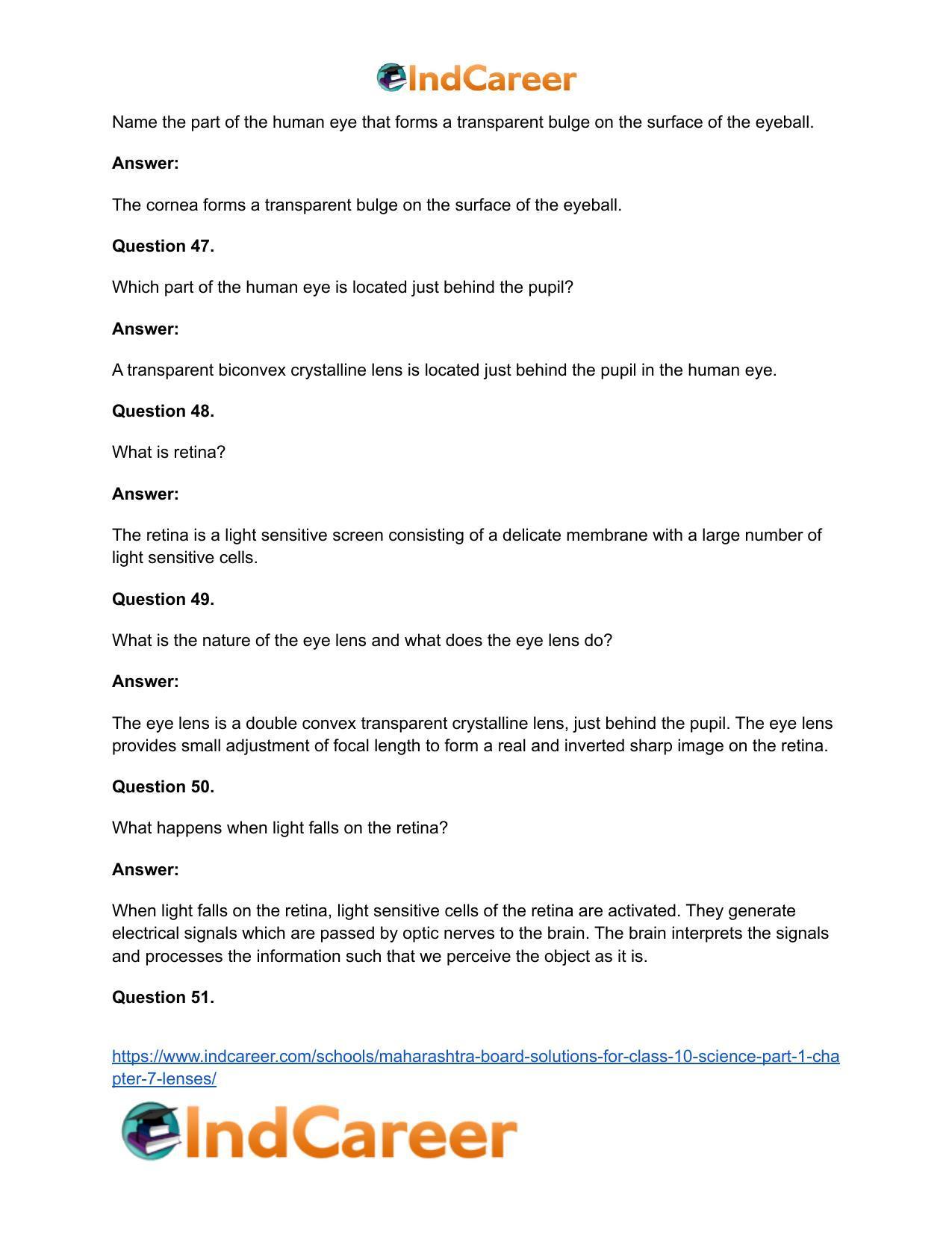Maharashtra Board Solutions for Class 10- Science (Part 1): Chapter 7- Lenses - Page 70