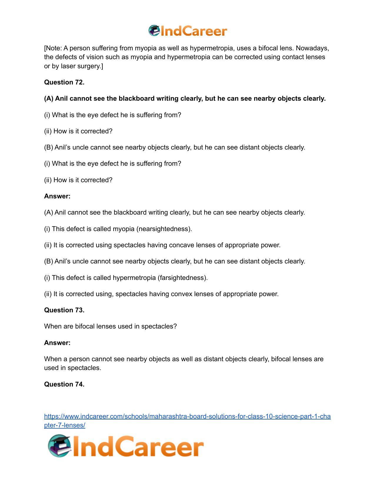 Maharashtra Board Solutions for Class 10- Science (Part 1): Chapter 7- Lenses - Page 82