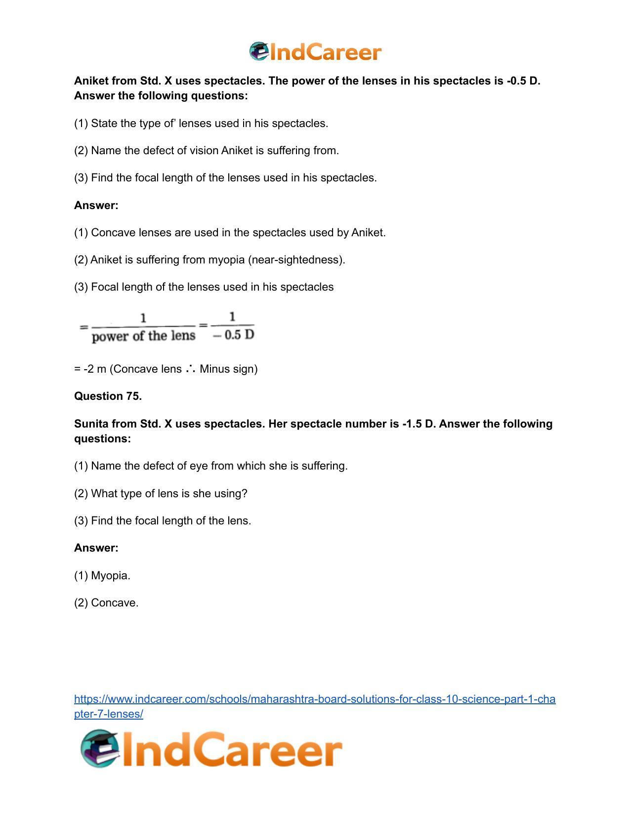 Maharashtra Board Solutions for Class 10- Science (Part 1): Chapter 7- Lenses - Page 83