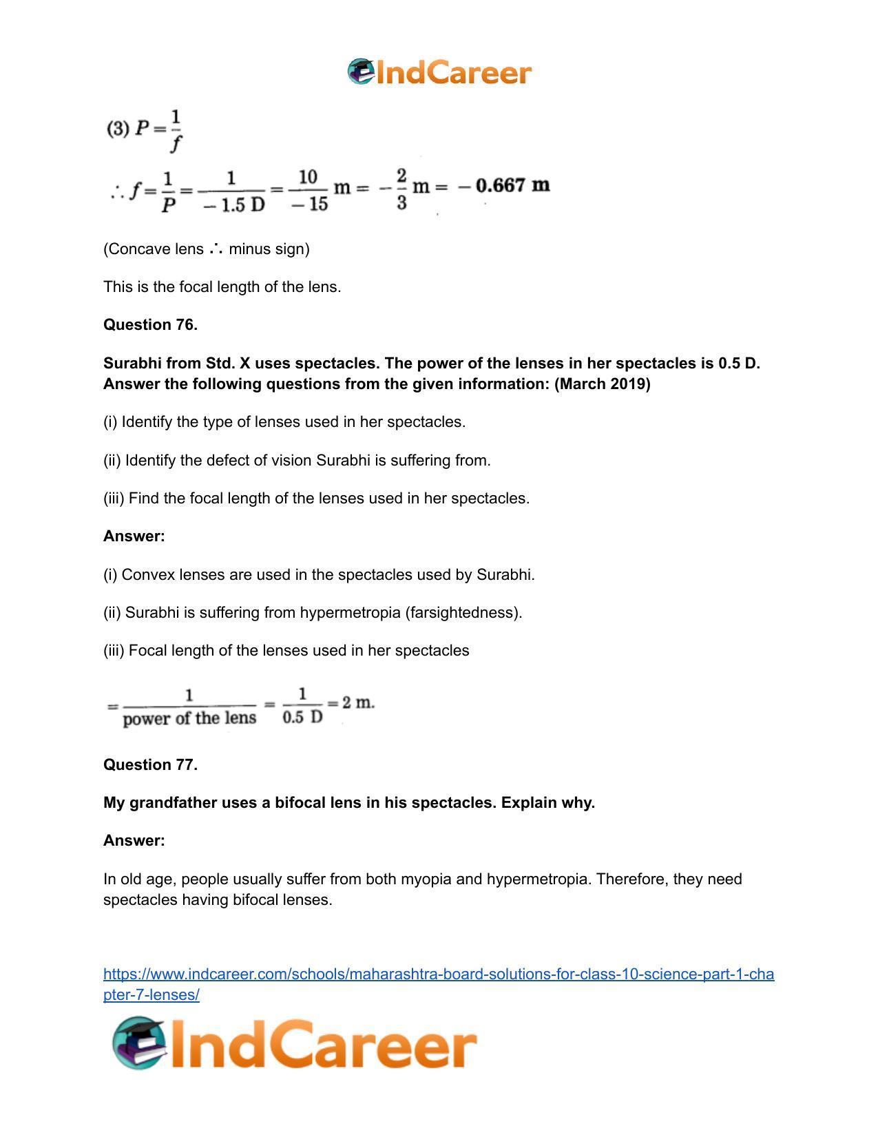 Maharashtra Board Solutions for Class 10- Science (Part 1): Chapter 7- Lenses - Page 84