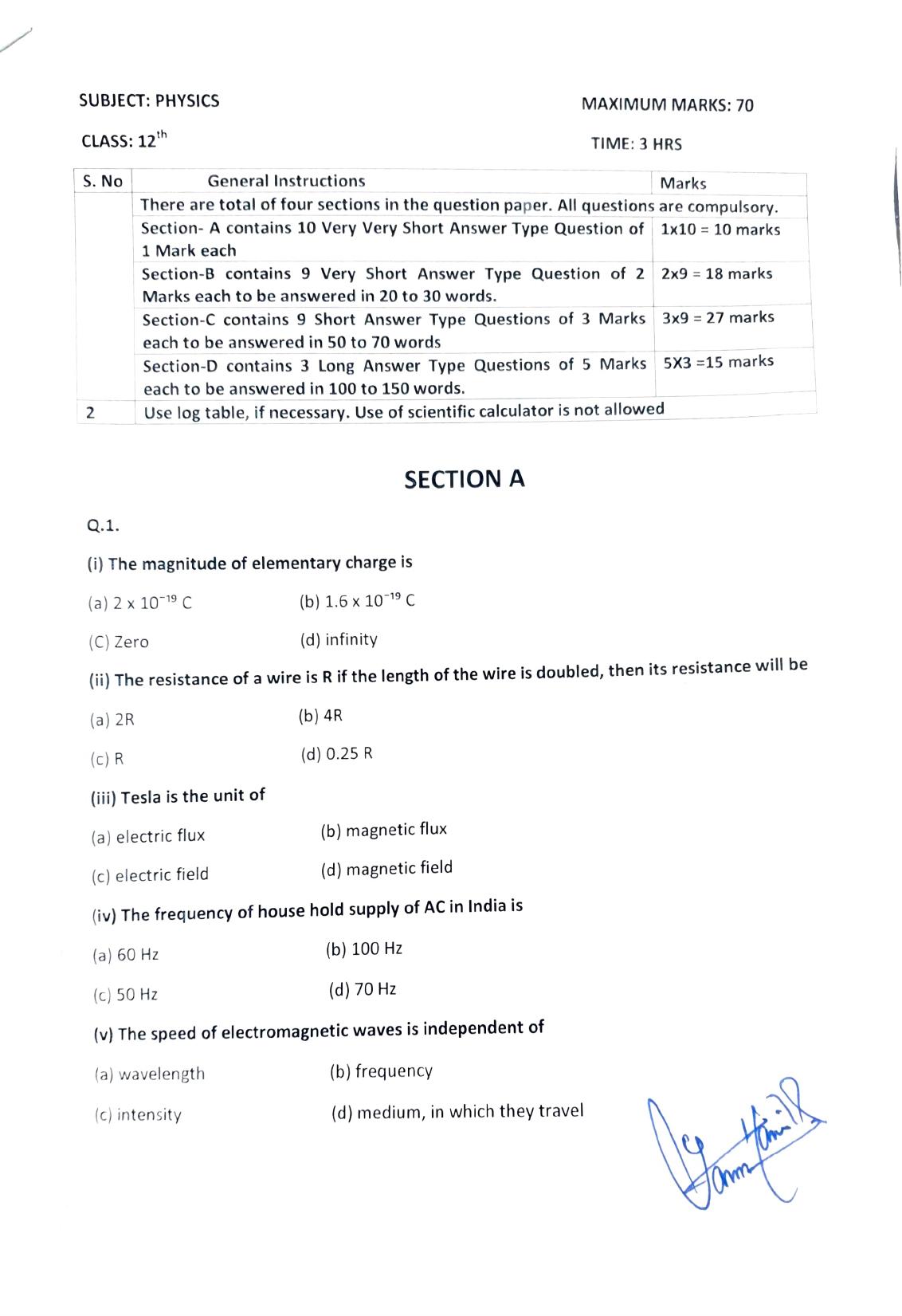 JKBOSE Class 12 Physics Model Question Paper - Page 1