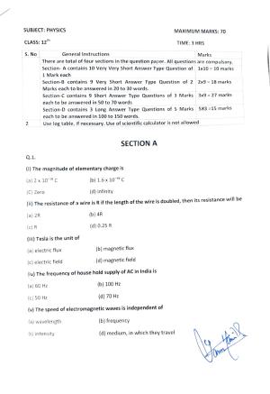 JKBOSE Class 12 Physics Model Question Paper