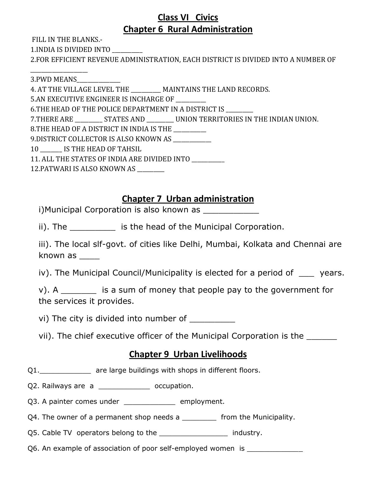 CBSE Worksheets for Class 6 Social Science Civics Rural Administration Assignment 6 - Page 1