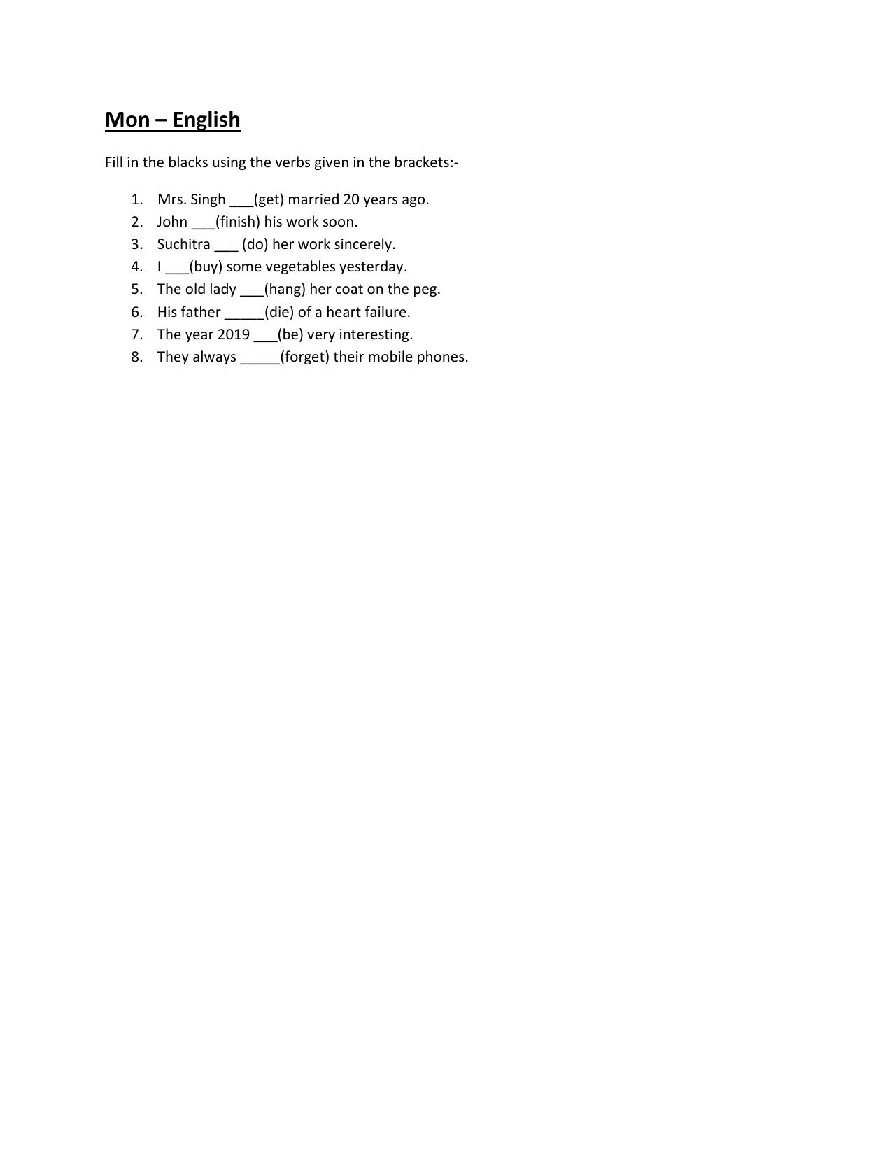 CBSE Worksheets for Class 6 English Verbs Assignment - Page 1
