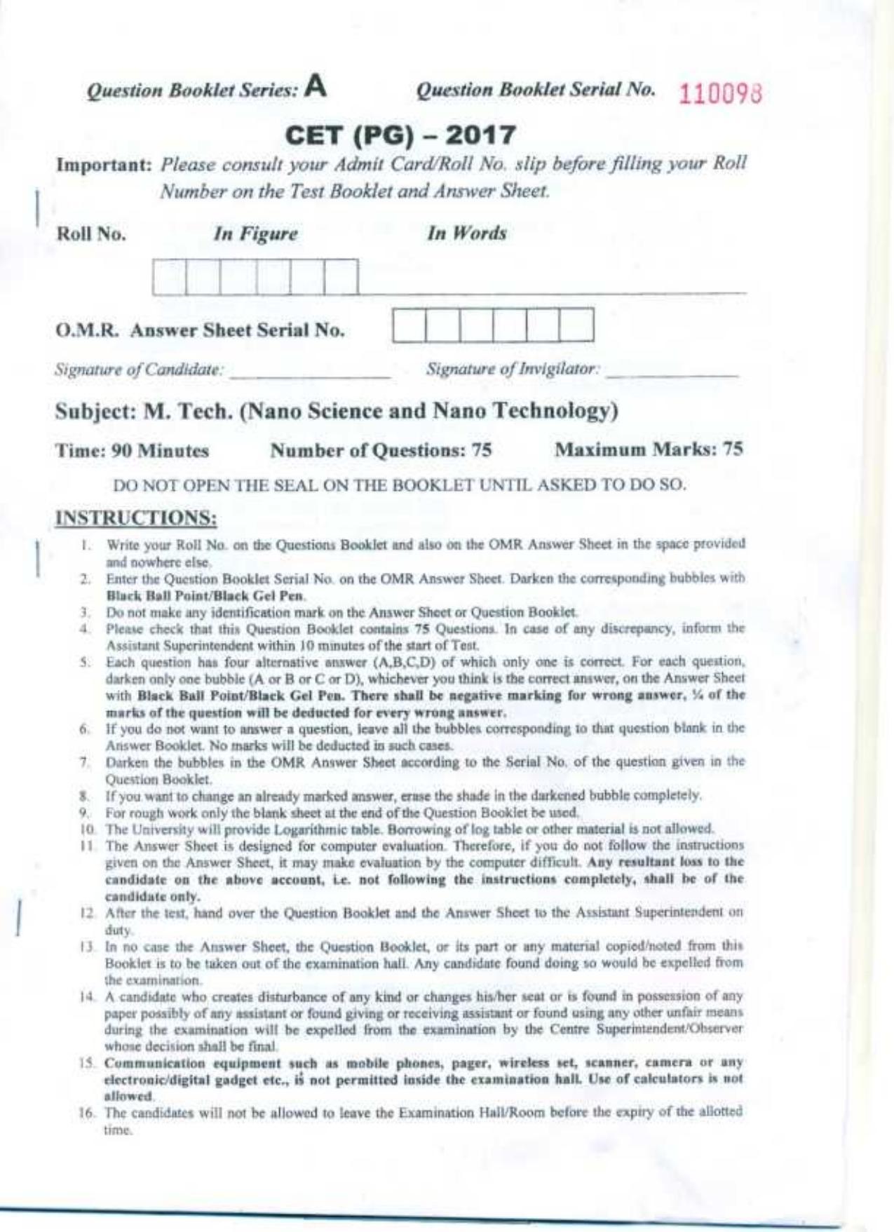 PU CET UG 2017 M.Tech(NanoScience & NanoTechnology) Question Paper - Page 1