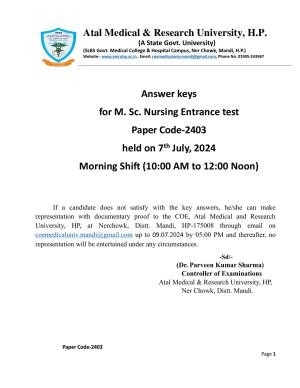 HP M.Sc. Nursing 2024 Question Paper Answer Key