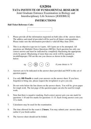 TIFR GS 2016 Biology Question Paper