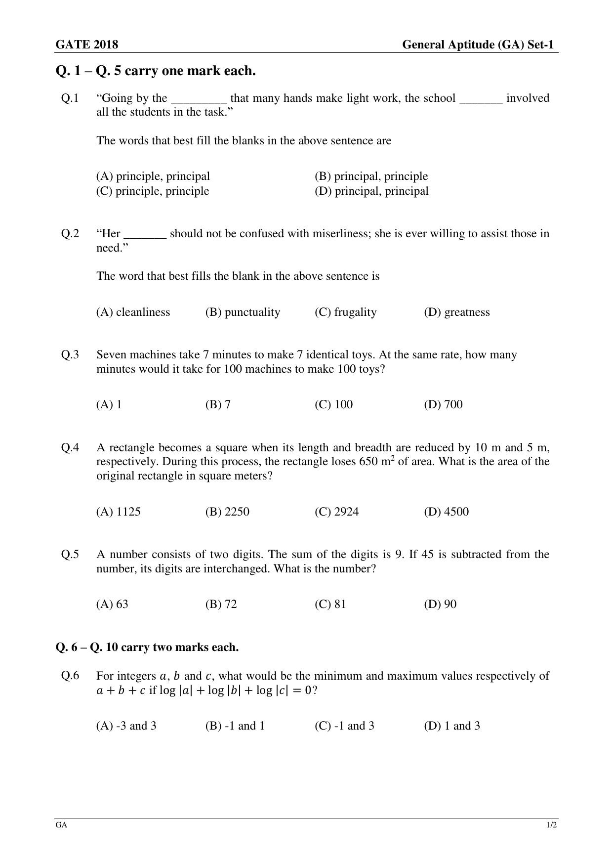 GATE 2018 Engineering Sciences (XE) Question Paper with Answer Key - Page 1