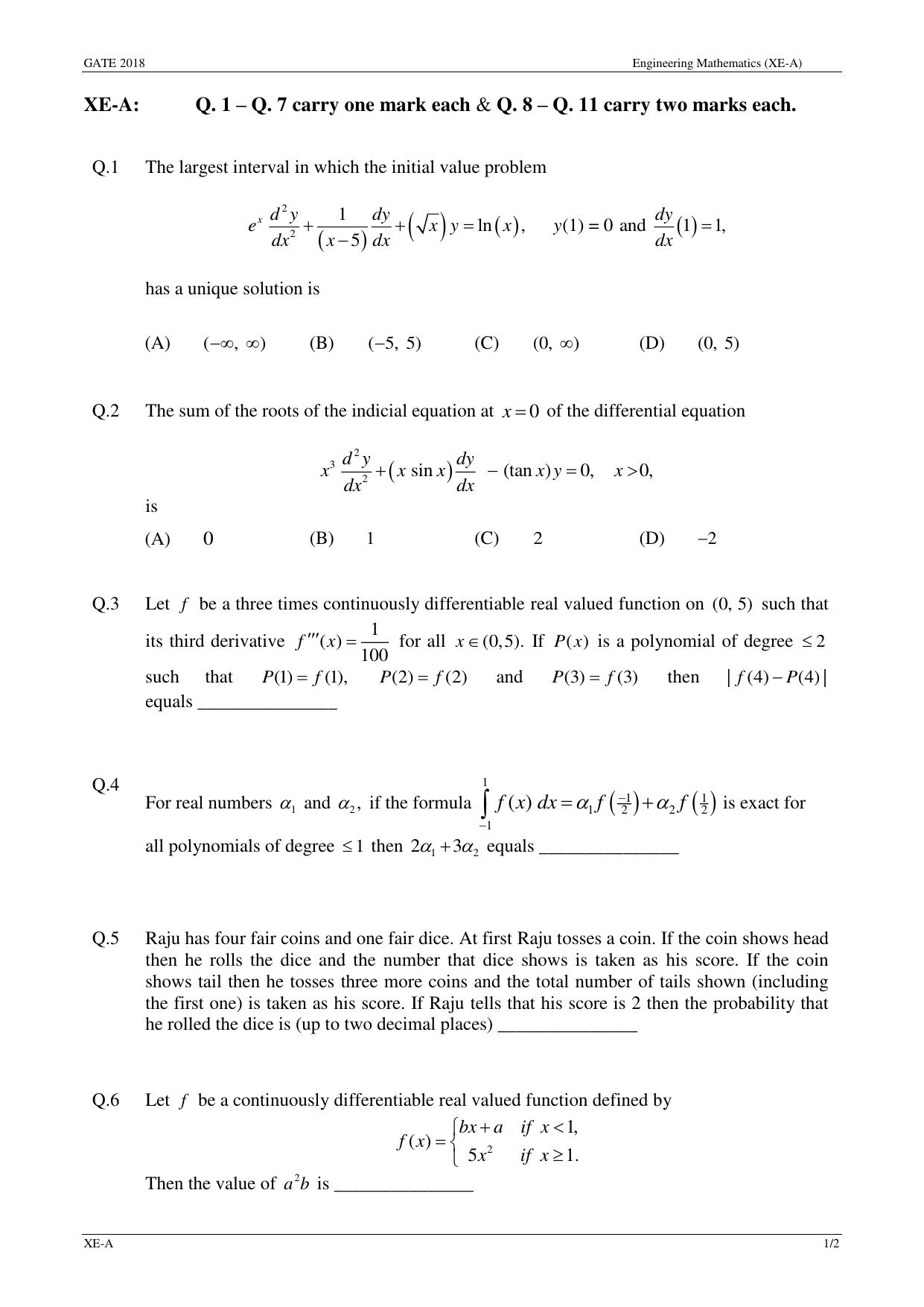 GATE 2018 Engineering Sciences (XE) Question Paper with Answer Key - Page 3