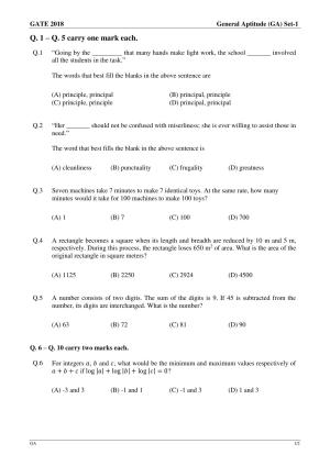 GATE 2018 Engineering Sciences (XE) Question Paper with Answer Key