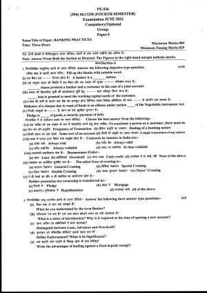 Bilaspur University Question Paper June 2022:M.COM (Fourth Semester) Banking Practices paper 1