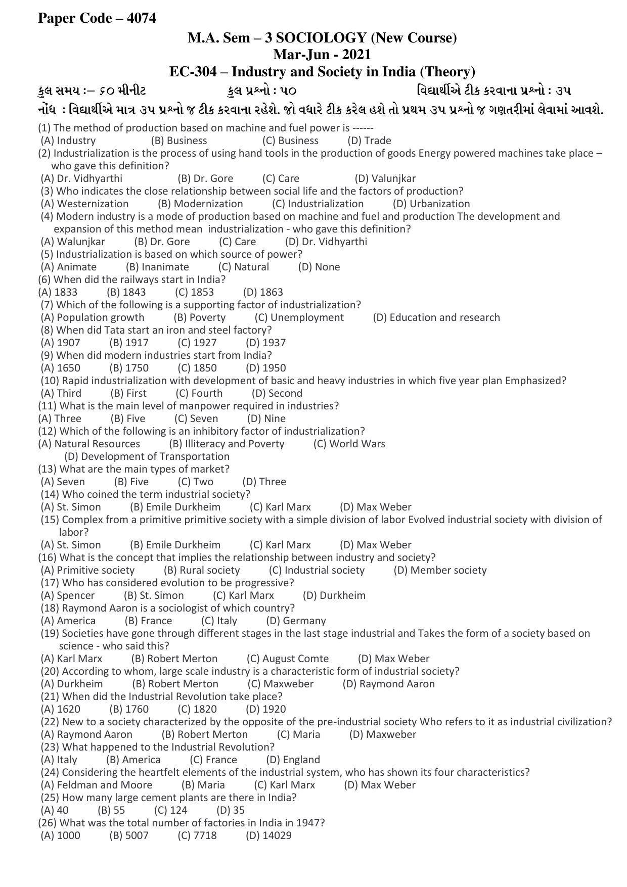 Hemchand North Gujarat University Sample Paper Mar-Jun 2021: M.A. Sem – 3 Sociology-C-304-Industry and Society in India (Theory) Paper Code – 4074 (New Course) - Page 1