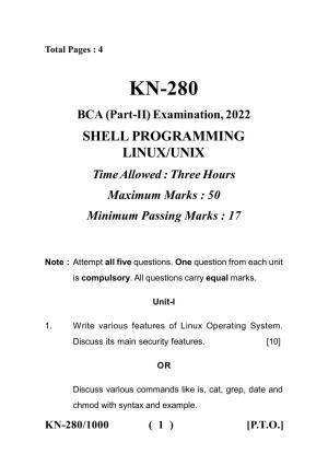 Sarguja University Question Paper - 2022 :   B.C.A Part Two Shell Prog Linux/Unix Paper I