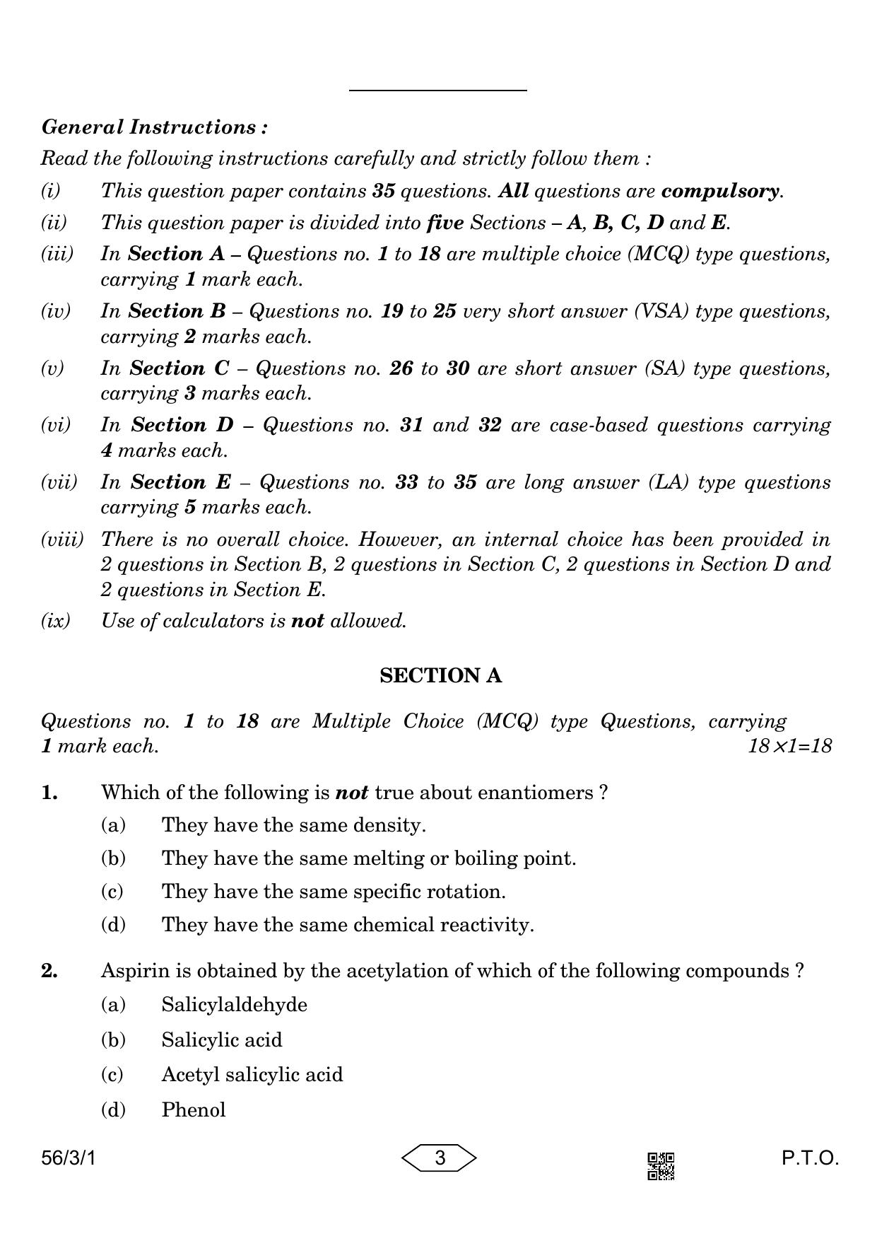 CBSE Class 12 56-3-1 Chemistry 2023 Question Paper - Page 3