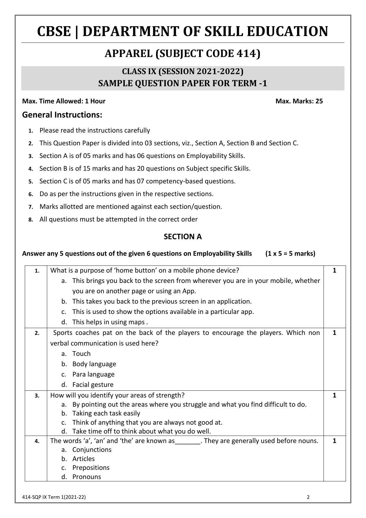 CBSE Class 10 Skill Education (Term I) - Apparel Sample Paper 2021-22 - Page 2