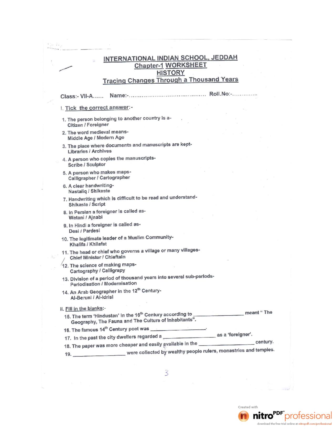 CBSE Worksheets for Class 7 History Tracing Changes Assignment - Page 1