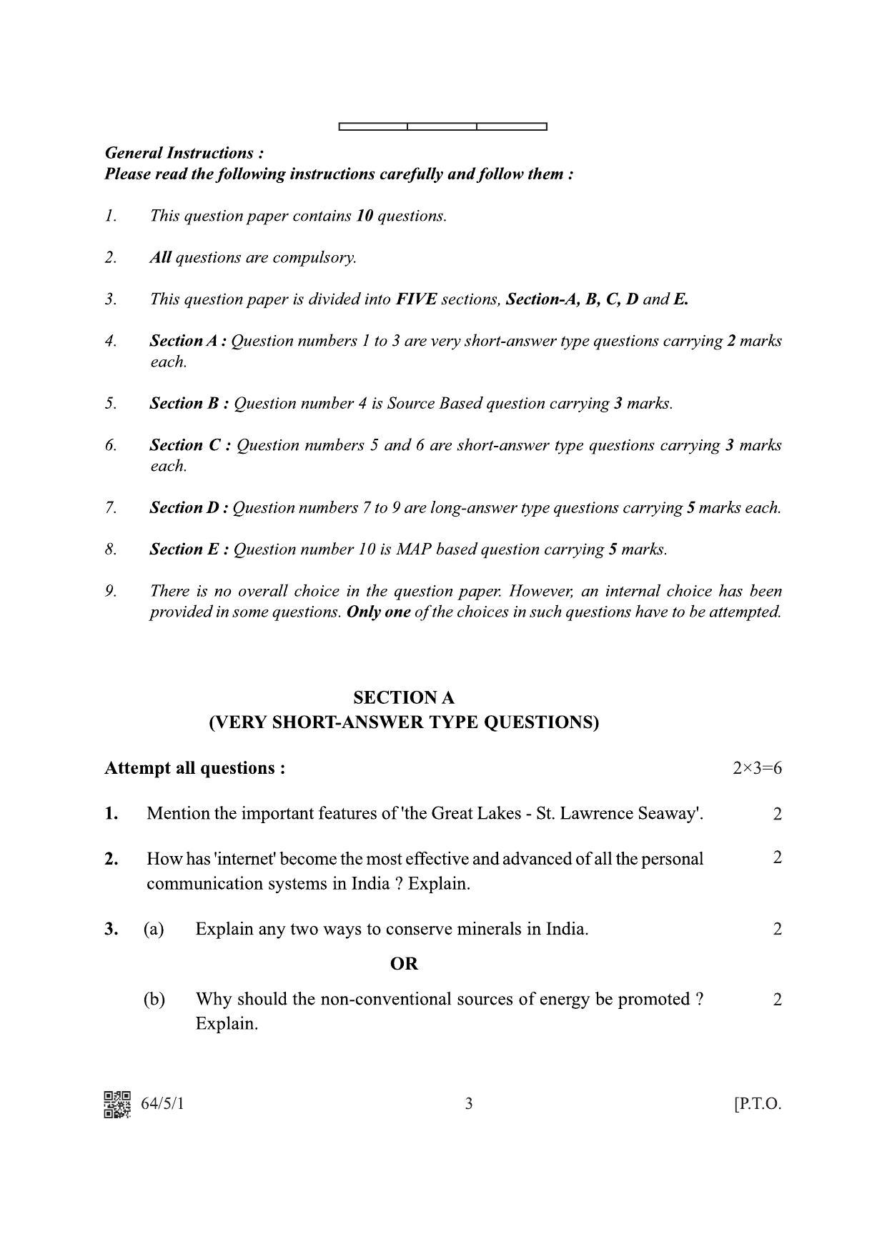 CBSE Class 12 64-5-1 Geography 2022 Question Paper - Page 3