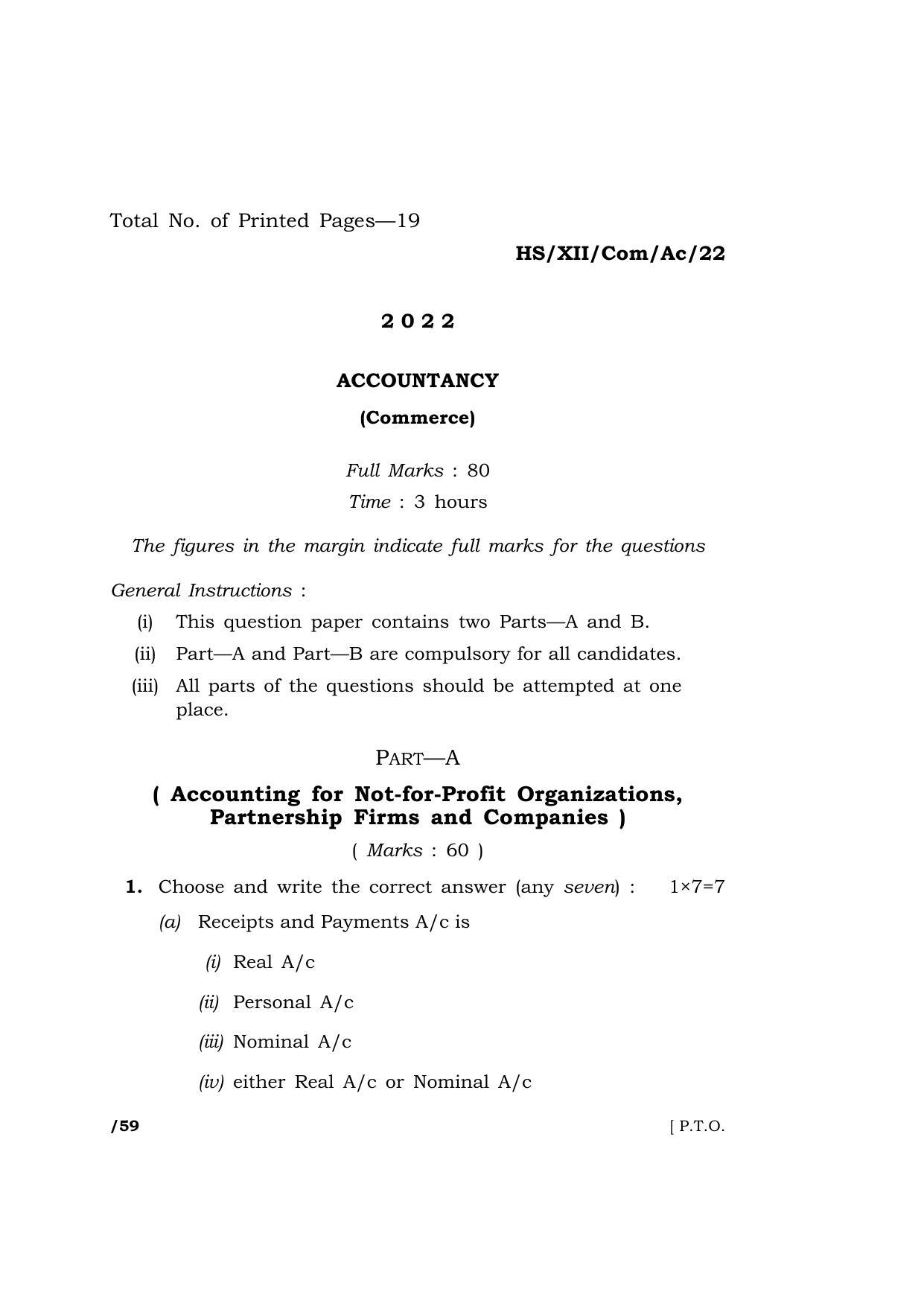 Meghalaya Board (MBOSE) Class 12 ACCOUNTANCY (HS-XII-Com-Ac-22) 2022 Question Paper - Page 1