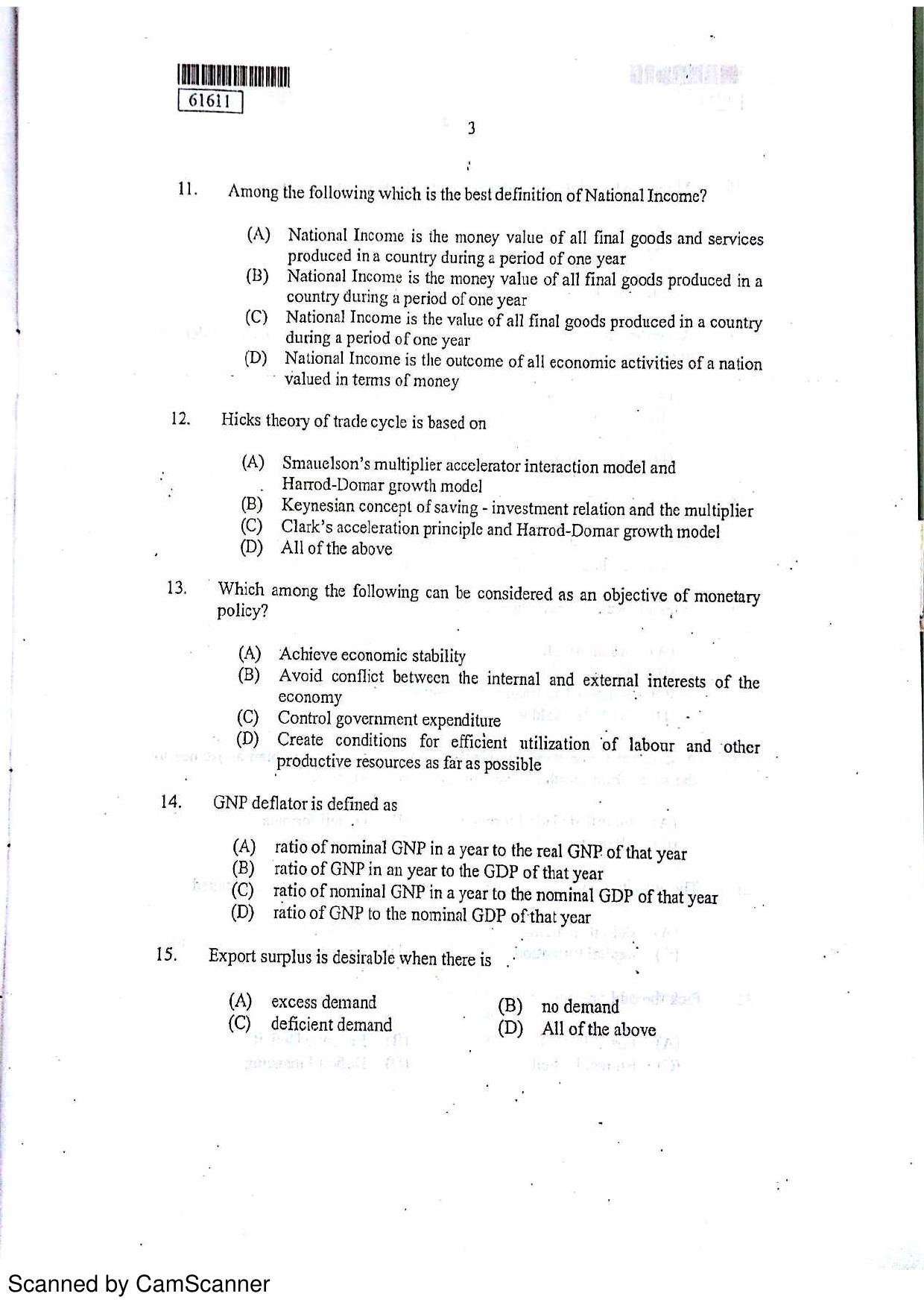CUSAT CAT 2011 Applied Economics Question Paper - Page 4